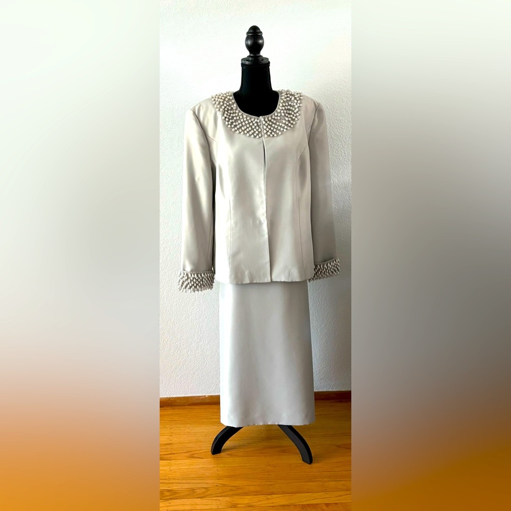 Tango 3pc Beige Satin Skirt Suit with Pearls and Beads, Size 18